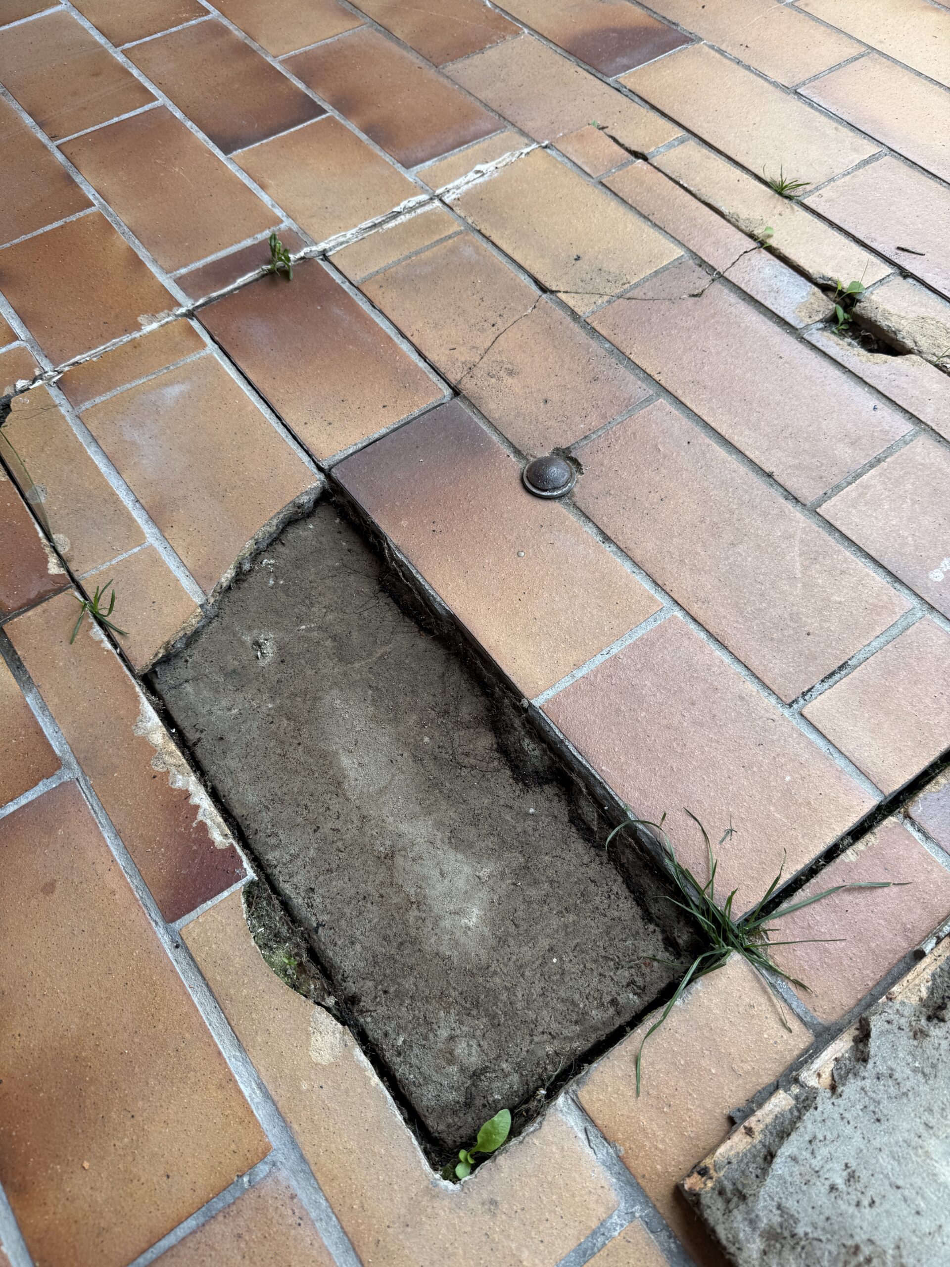 oud putdeksel Oud putdeksel met loszittende voegen en sporen van waterinsijpeling op terras
