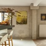 Barzone met barkrukken op Mineral Touch gietvloer tegen bakstenen muur.